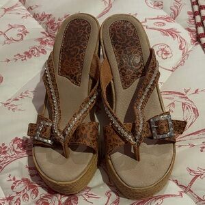 S Bicca Brown Wedge Sandals with Rhinestone Accents